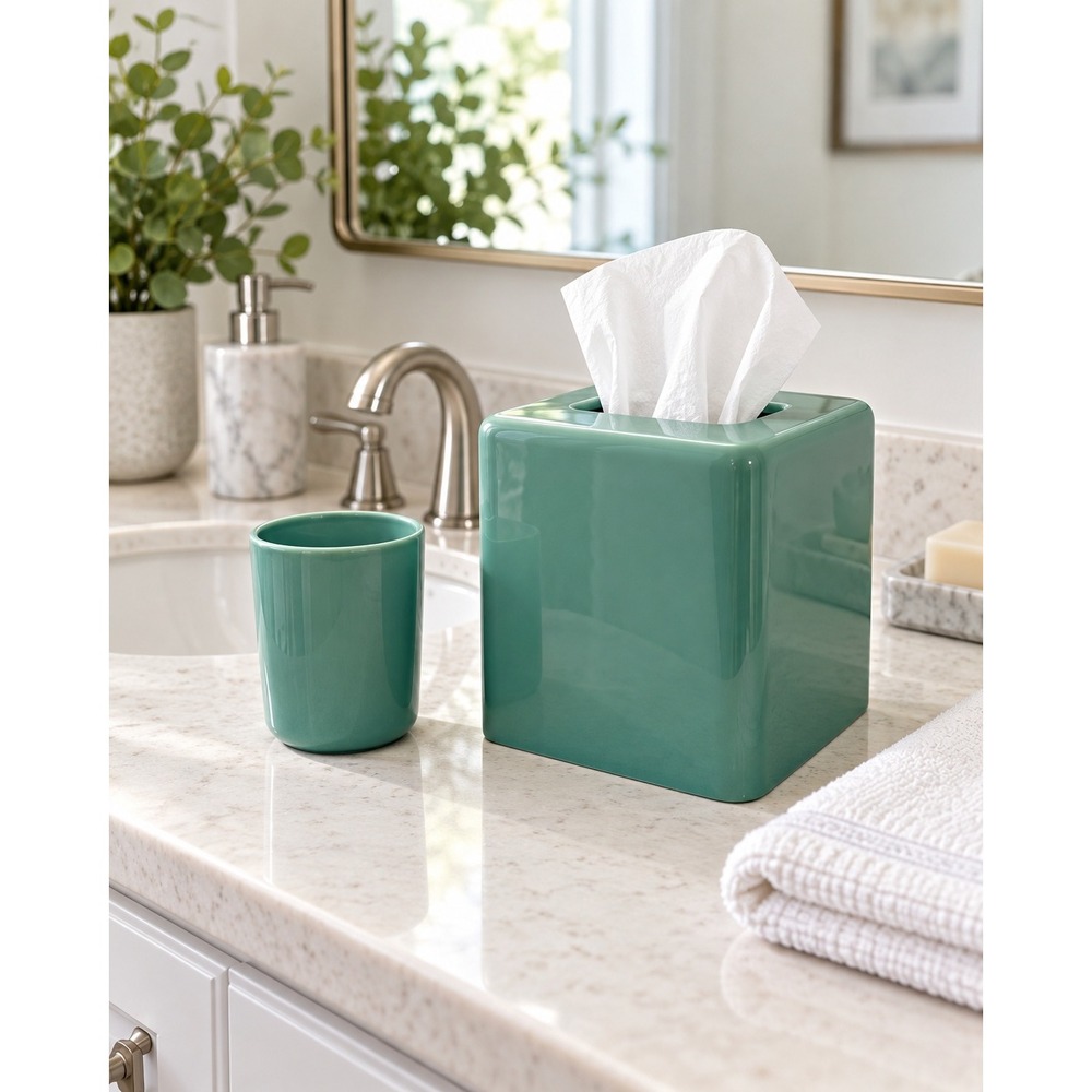 Vintage Hygiene Industries Seafoam Green Tissue Box Cover Tumbler MCM Set